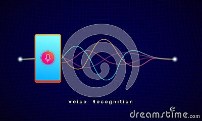 Voice Recognition AI personal assistant modern technology visual concept illustration vector design. Microphone button on smartpho Vector Illustration