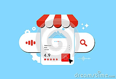 Voice search in marketing using voice input, SEO optimization, digital assistants to improve product discovery and user Vector Illustration