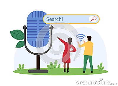 Voice search online, user recognition and app control by customer command of tiny people Vector Illustration