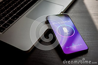 Voice search technology, sound recognition, siri speech detect and deep learning concept. Application with microphone, wave icon Stock Photo