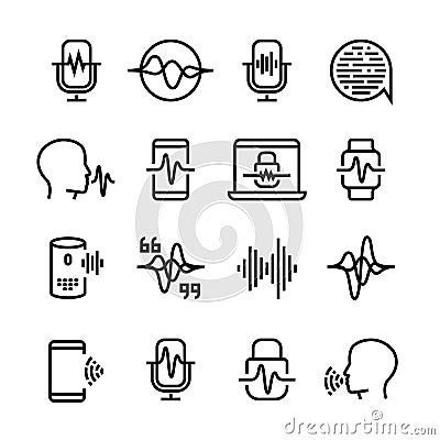 Voice and speech recognition, cellular network vector icons. Mic command and hearing symbols Vector Illustration