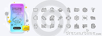 Voice wave, Chat message and Puzzle line icons for web app. Pictogram icon. Phone mockup gradient screen. Vector Vector Illustration