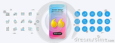 Voicemail, Report timer and Cyber attack line icons. For web app, printing. Phone mockup with 3d quotation icon. Vector Vector Illustration