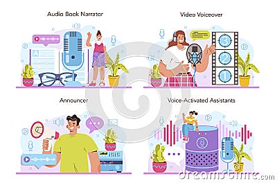 Voiceover concept set. Voice actor dubbing a movie or series. Audio book Vector Illustration