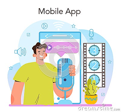 Voiceover online service or platform. Voice actor dubbing a movie Vector Illustration