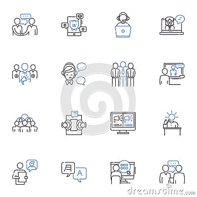 Voicing parties line icons collection. Harmony, Jam, Tune, Mic, Pitch, Melody, Duets vector and linear illustration Vector Illustration