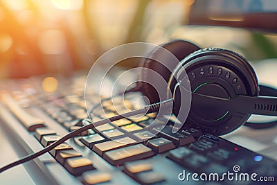 VOIP head set with monitor desktop computer and keyboard for communication call center support service Stock Photo