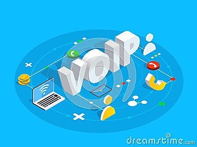 Voip isometric vector concept illustration. Voice over IP or int Vector Illustration
