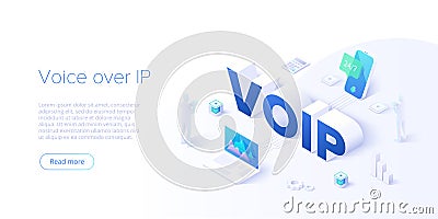 Voip isometric vector concept illustration. Voice over IP or internet protocol technology background. Network phone call software Vector Illustration