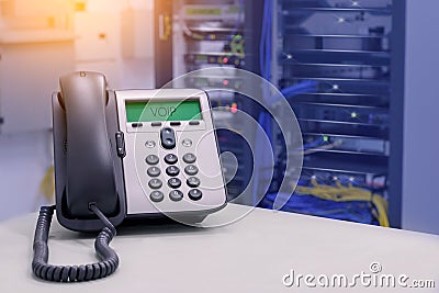 VOIP Phone IP Phone in data center room Stock Photo