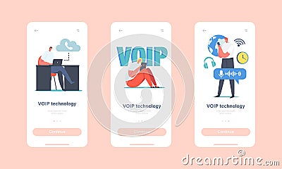 VOIP Technology, Voice over IP Mobile App Page Onboard Screen Template. Characters Use Telephony, Telecommunication Vector Illustration