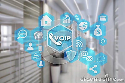 VOIP on the touch screen with a blur background of the office.The concept of Voice over Internet Protocol Stock Photo