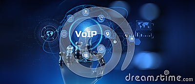 VoIP Voice over Internet Protocol Illustrated with a Robot Hand Pressing a Button on a Virtual Screen. 3D render Stock Photo