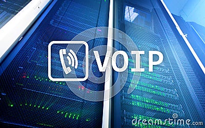 VOIP, Voice over Internet Protocol, technology that allows for speech communication via the Internet. Server room background Stock Photo