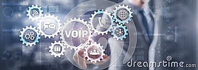 VoIP Voice over IP. Businessman pressing virtual screen Voice over Internet Protocol Stock Photo