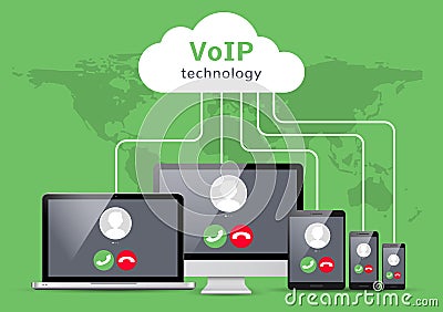 VoIP voice over IP illustration smartphone laptop network. Voip call flat concept design Vector Illustration