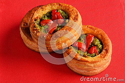 Vol-au-vent with mushroom and chicken, on a red paper Stock Photo