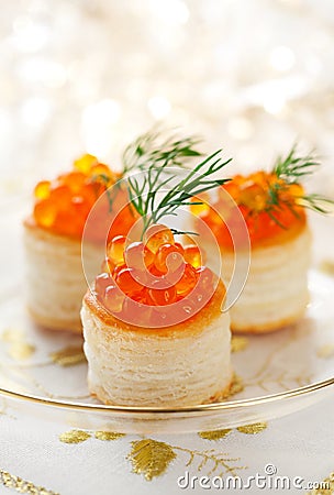 Vol-au-vents filled with red caviar Stock Photo