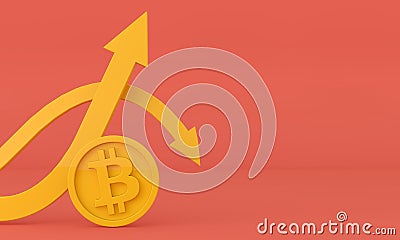 Volatile uncertain Bitcoin cryptocurrency up and down arrow. 3D Rendering Stock Photo
