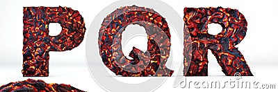 Volcanic alphabet letter P, Q, R. 3D render of volcanic font white burning lava isolated on white background. Stock Photo