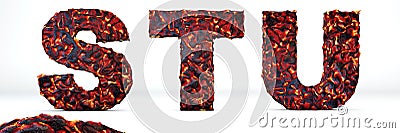 Volcanic alphabet letter S, T, U. 3D render of volcanic font white burning lava isolated on white background. Stock Photo