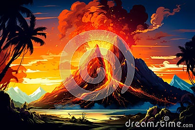Volcanic eruption in Hawaii with rivers of lava, fire and smoke. Cartoon Illustration
