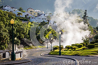 Volcanic eruption of hot steam in Furnas, Sao Miguel island, Azores archipelago Stock Photo