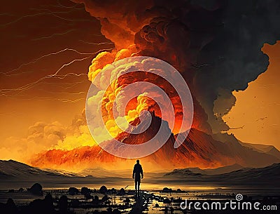 Volcanic eruption landscape on deadly beautiful sunset, thick smoke clouds and molten lava flows Stock Photo