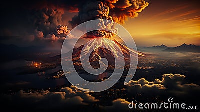 Volcanic eruption, night view. Lava flows flow down from the slopes. Clouds of ash rise above the volcano. Stock Photo