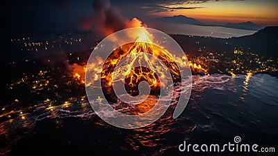 Volcanic eruption, night view. Lava flows flow down from the slopes. Clouds of ash rise above the volcano. Stock Photo