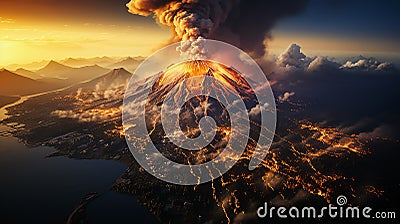 Volcanic eruption, night view. Lava flows flow down from the slopes. Clouds of ash rise above the volcano. Stock Photo