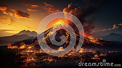 Volcanic eruption, night view. Lava flows flow down from the slopes. Clouds of ash rise above the volcano. Stock Photo