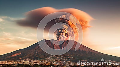 Volcanic eruption at sunset, active volcano in Sicily, Italy. Generative AI Stock Photo