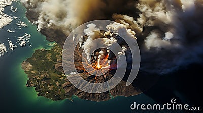 Volcanic eruption, view from space. Lava flows flow down from the slopes. Clouds of ash rise above the volcano. Stock Photo