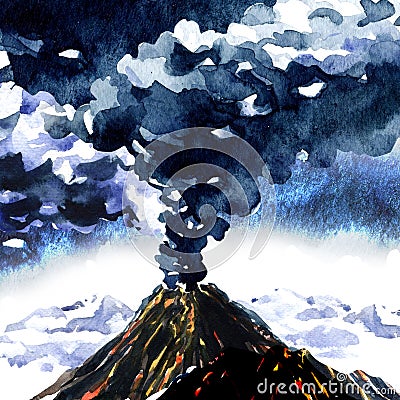 Volcanic eruption, volcano erupt, mountain with smoke cloud, volcanic activity with magma, hand drawn watercolor Cartoon Illustration