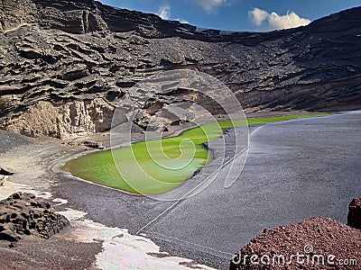 Volcanic Green Lake Lago Verde, Lanzarote Island Stock Photo