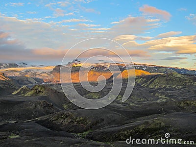 Stunning sunset with and Myrdalsjokull glacier, Katla caldera, Botnar-Ermstur, Laugavegur Trail, southern Iceland Stock Photo