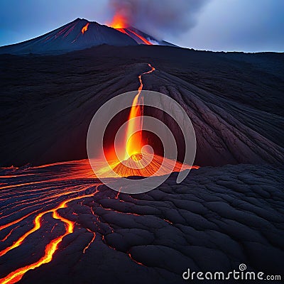 Volcanic lava flow flows down the Frightening dangerous Cartoon Illustration