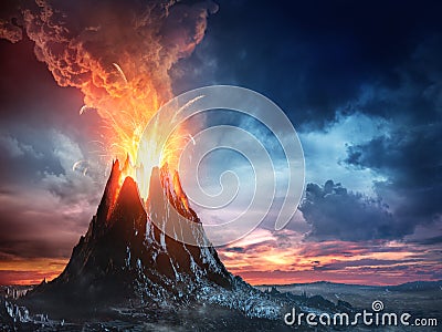 Volcanic Mountain In Eruption Stock Photo