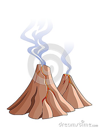 Volcanic mountains. Hot lava erupt. Smoke blowing up Cartoon Illustration