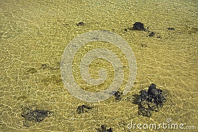 Volcanic rocks in green water of a quiet bay near the ocean. Glare on the water. Waves from the breeze Stock Photo