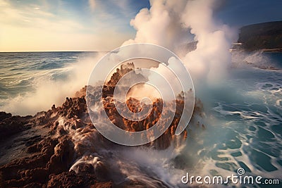 volcanic steam rising from the ocean where lava and water mix Stock Photo