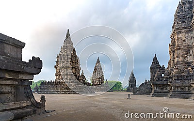 Volcanic stone stupa spires in Prambanan temple, Yogyakarta, Java, Indonesia Stock Photo