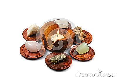 Volcanic stones on wooden plates Stock Photo