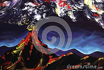 Volcano. Abstract impressionism painting. Hand painted with gouache on a paper Stock Photo