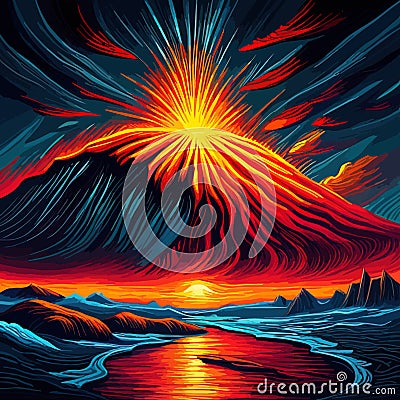 Volcano crater eruption with red-hot glowing magma, active volcanic explosion with lava, splashes, rocks, flashes Vector Illustration