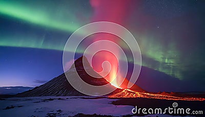 volcano erupting lava at night time with green northern lights in the background Stock Photo