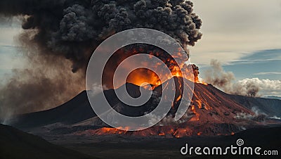 Volcano eruption with dark smoke rising on the horizon. Natural power and environmental concept. Stock Photo