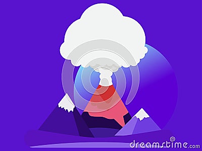 Volcano eruption flat style. Highlands on the background of meadows, night landscape. Vector Vector Illustration