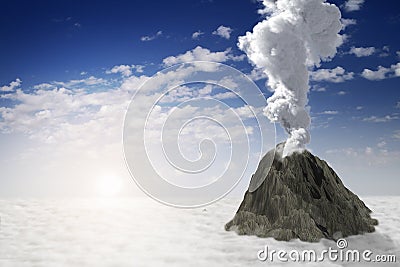 Conical volcano eruption with huge smoke column and flames on blue sky background, problems of eruption and volcanic earthquake Cartoon Illustration